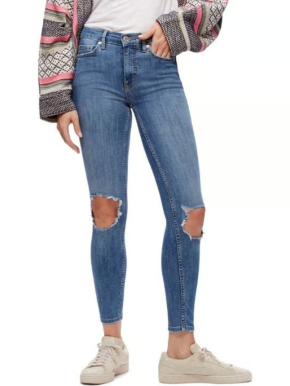 FREE PEOPLE Size 27 Light Blue Wash High-Rise Busted Knee Ripped Skinny Jeans 4